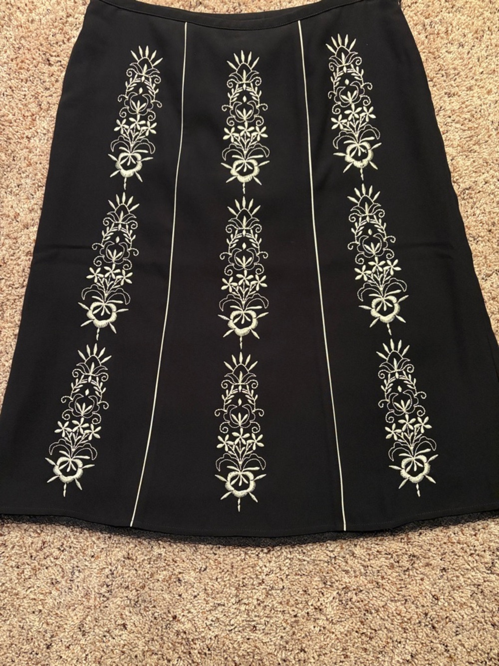LOFT Black A-Line Skirt with Cream Raised Embroidered Detailing
